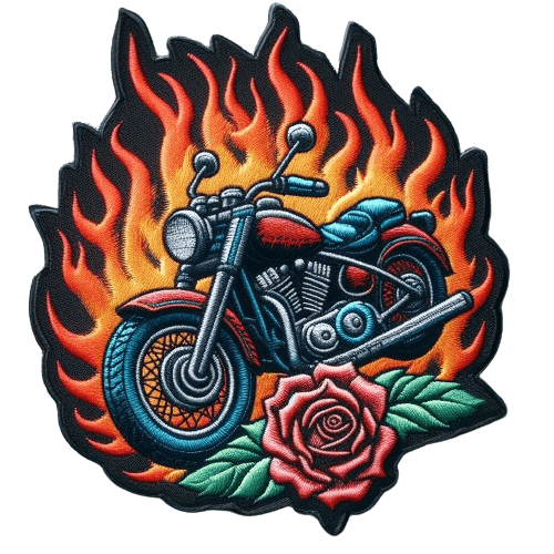 embroided patch of a motorcycle with flames on the background and rose in the bottom