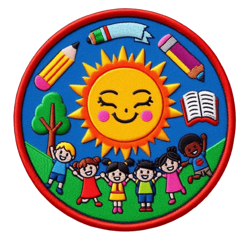 embroided patch with a children around the sun with school material